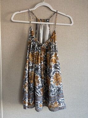Lucky Brand Boho Halter Top Sz M Gold Blue Paisley Floral Flowy Festival Earthy
